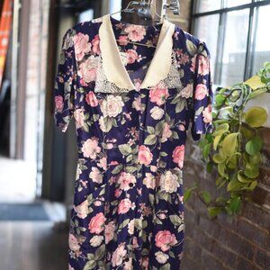 1980s Vintage Blue Floral Party Dress